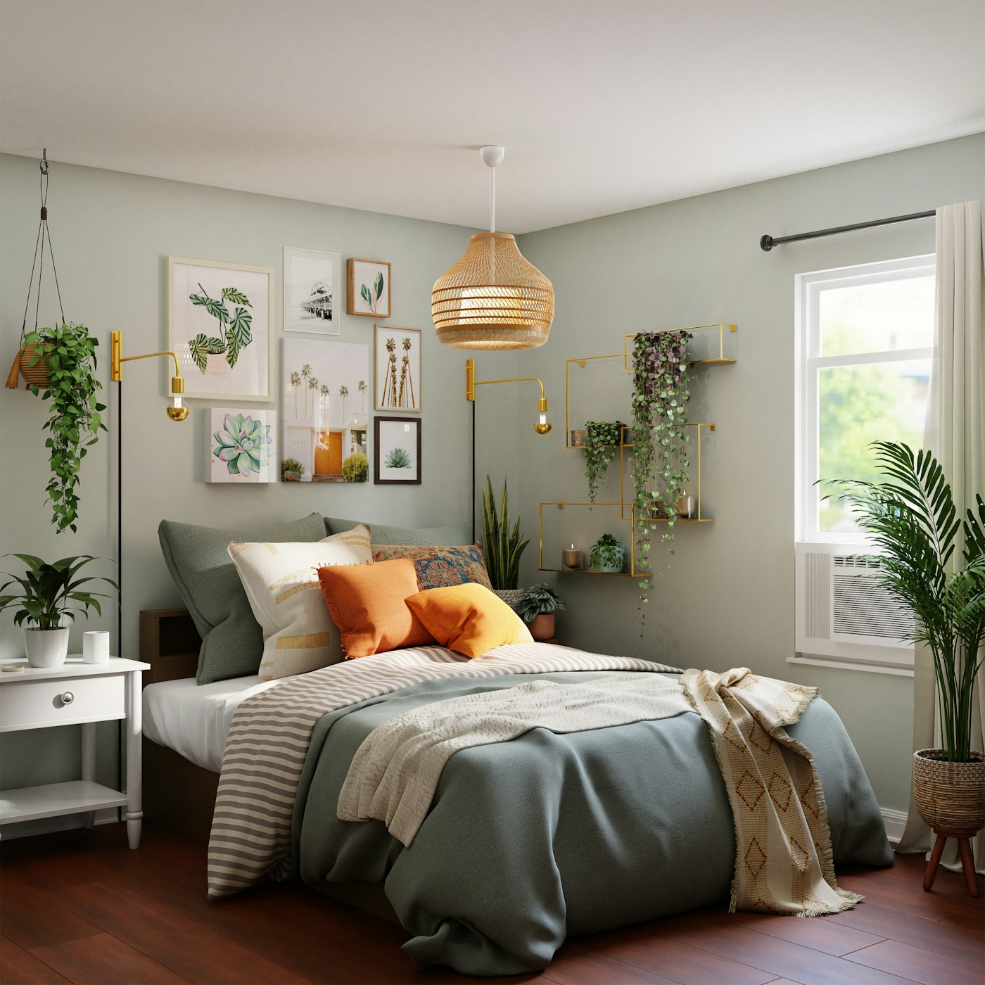 Layered bedroom with natural daylight and soft furnishings